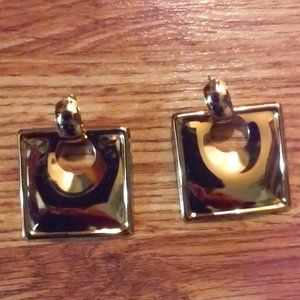 Gold Pierced Earrings Unworn Square 1 1/2" x 1 1/2" In Cloth Bag